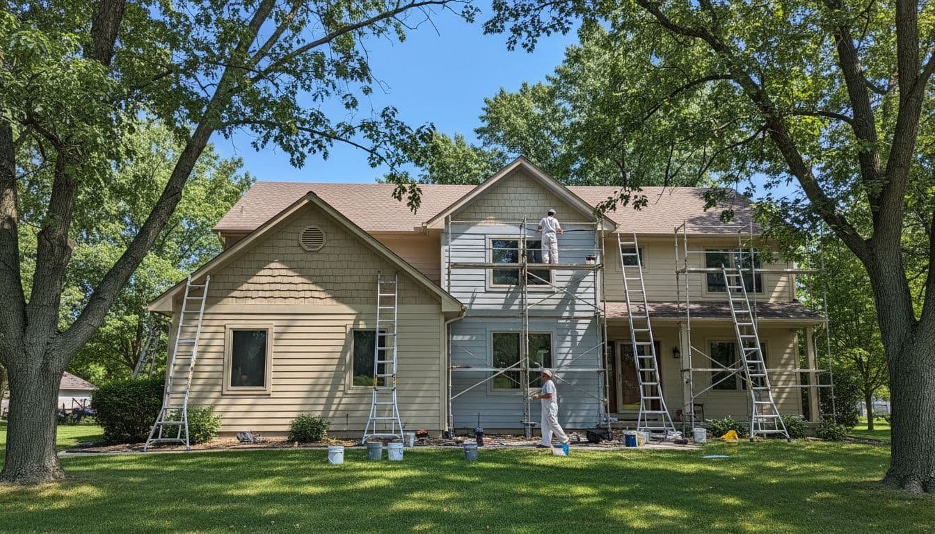 Two painters apply light gray paint to beige siding of a two-story suburban house using ladders and scaffolding on a sunny day.