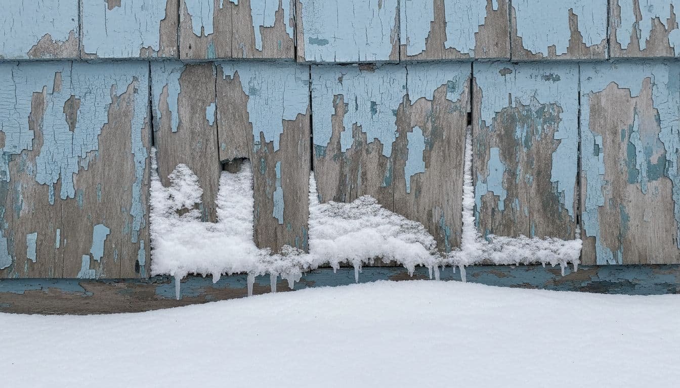 Close-up of wooden house siding with cracks, peeling paint, flaking, ice in crevices, and light snow on ground.
