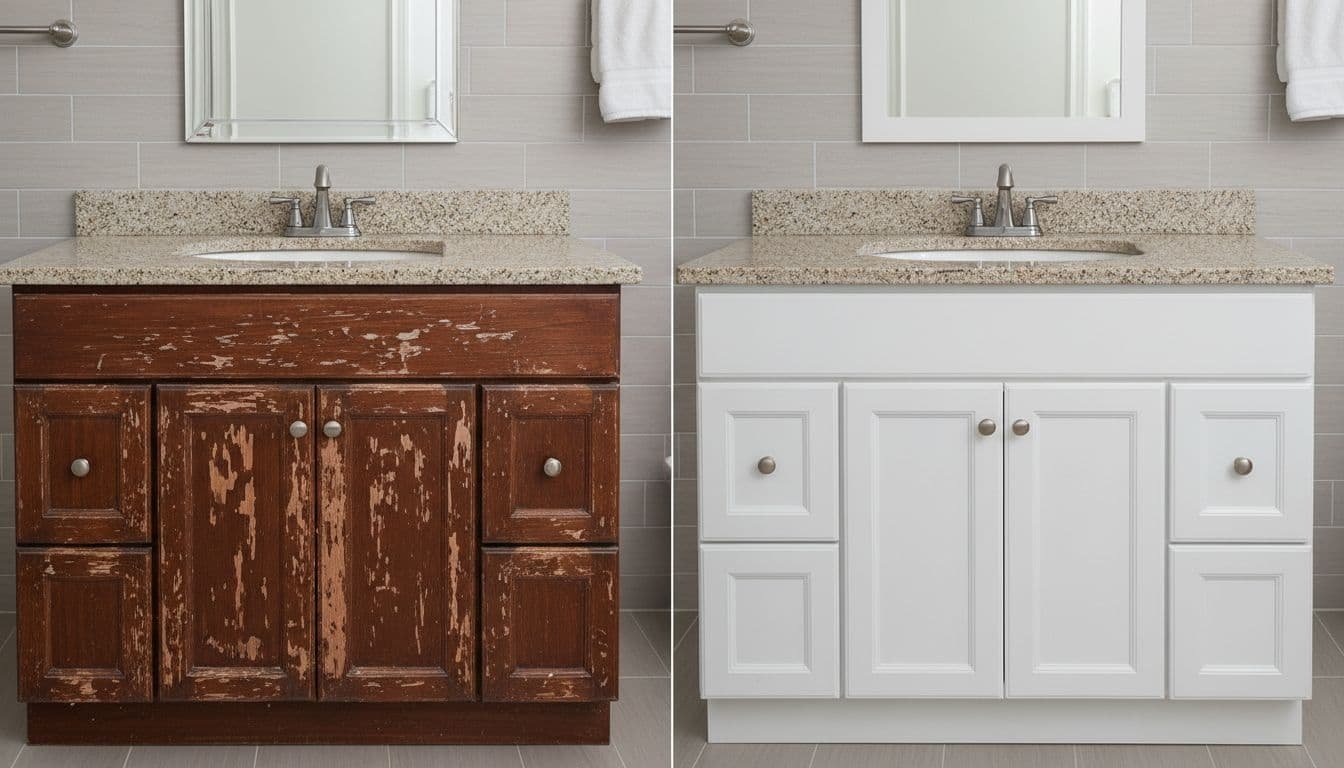 Split image of bathroom vanity: left chipped wood finish, right smooth semi-gloss white paint, clean background.