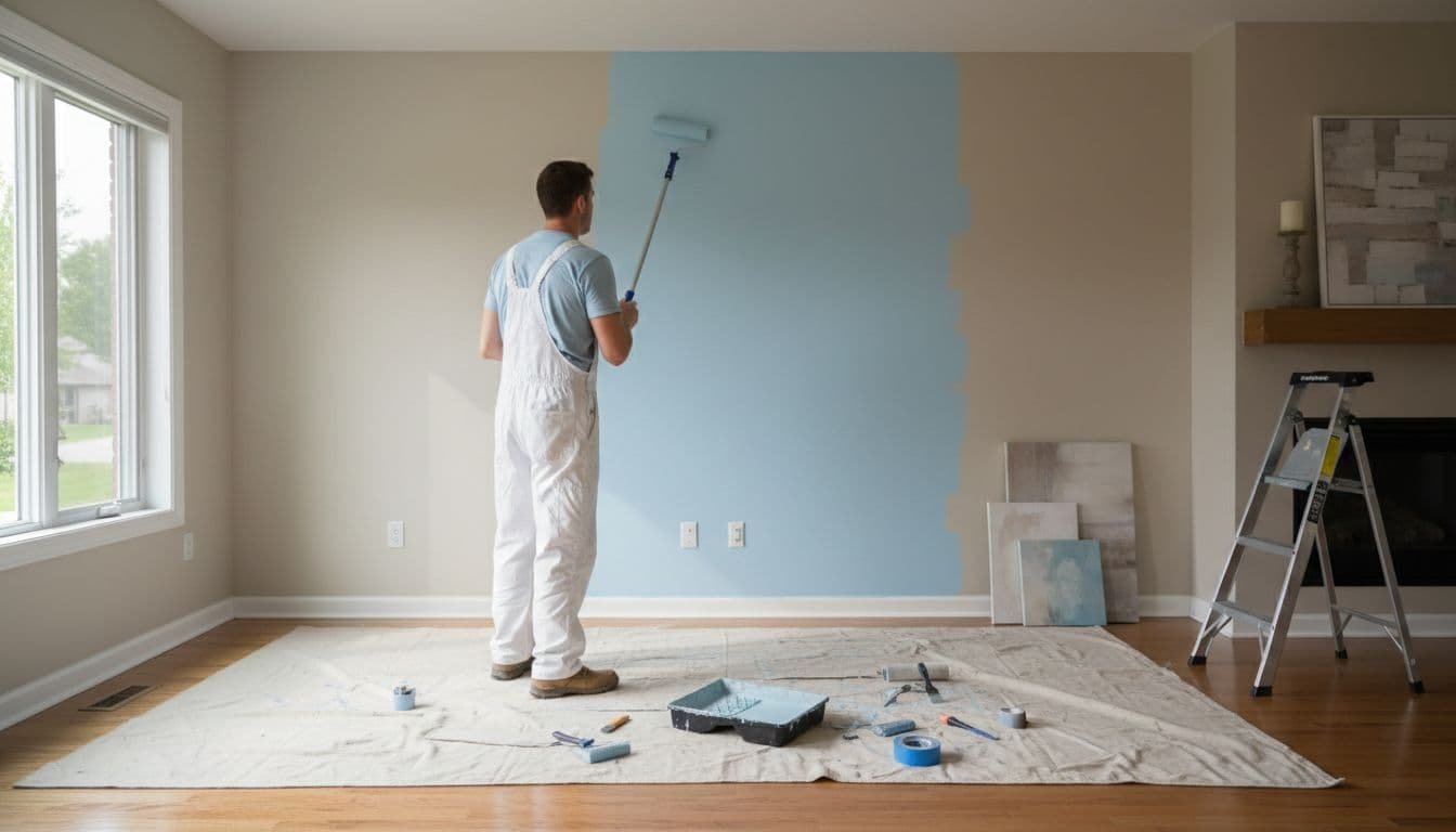 Male painter in white coveralls rolls paint onto beige living room wall with drop cloths, ladder, and tools on hardwood floor.