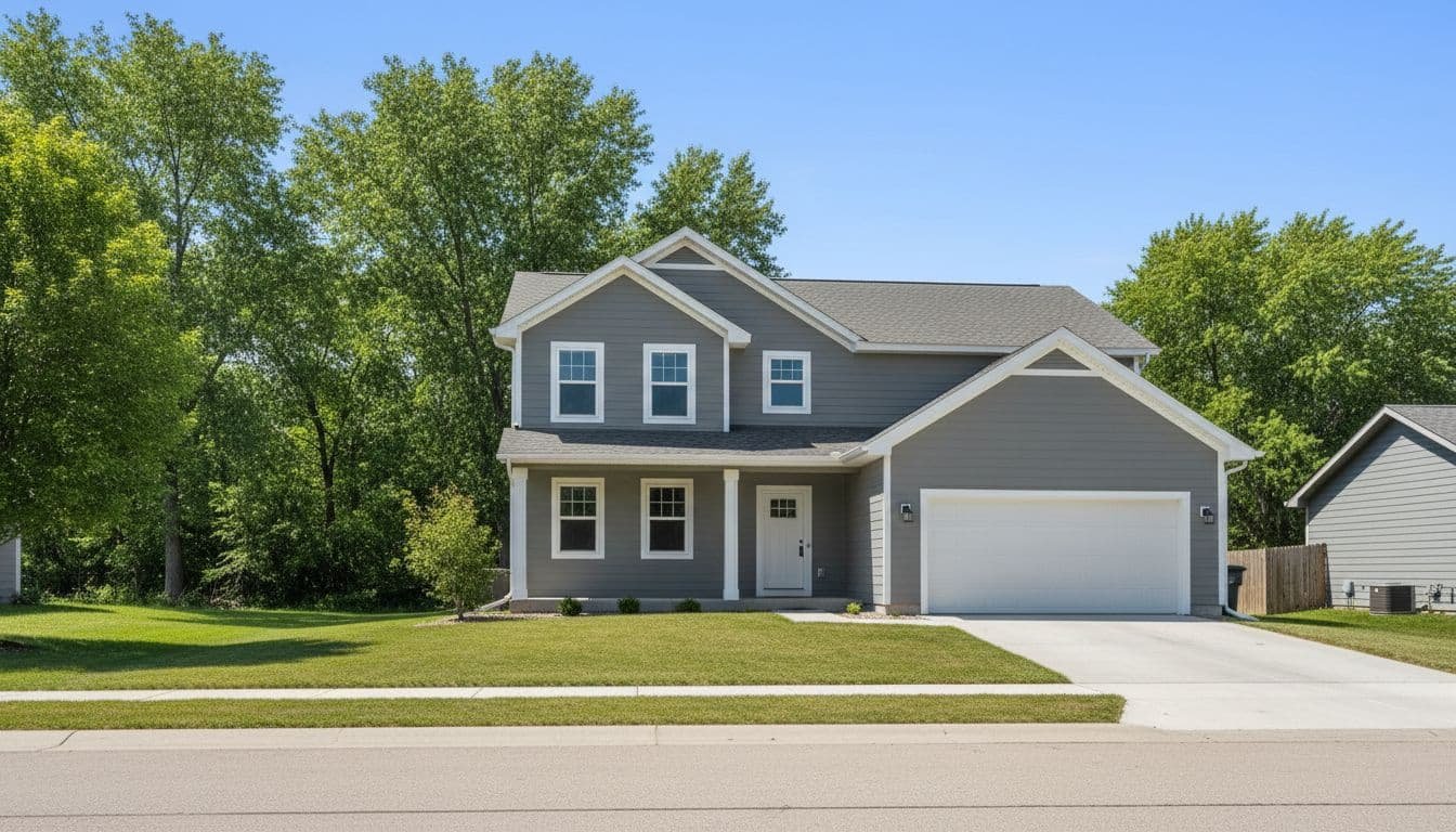 Modern two-story suburban house with neutral gray paint, white trim, green lawn, and background trees on clear summer day.