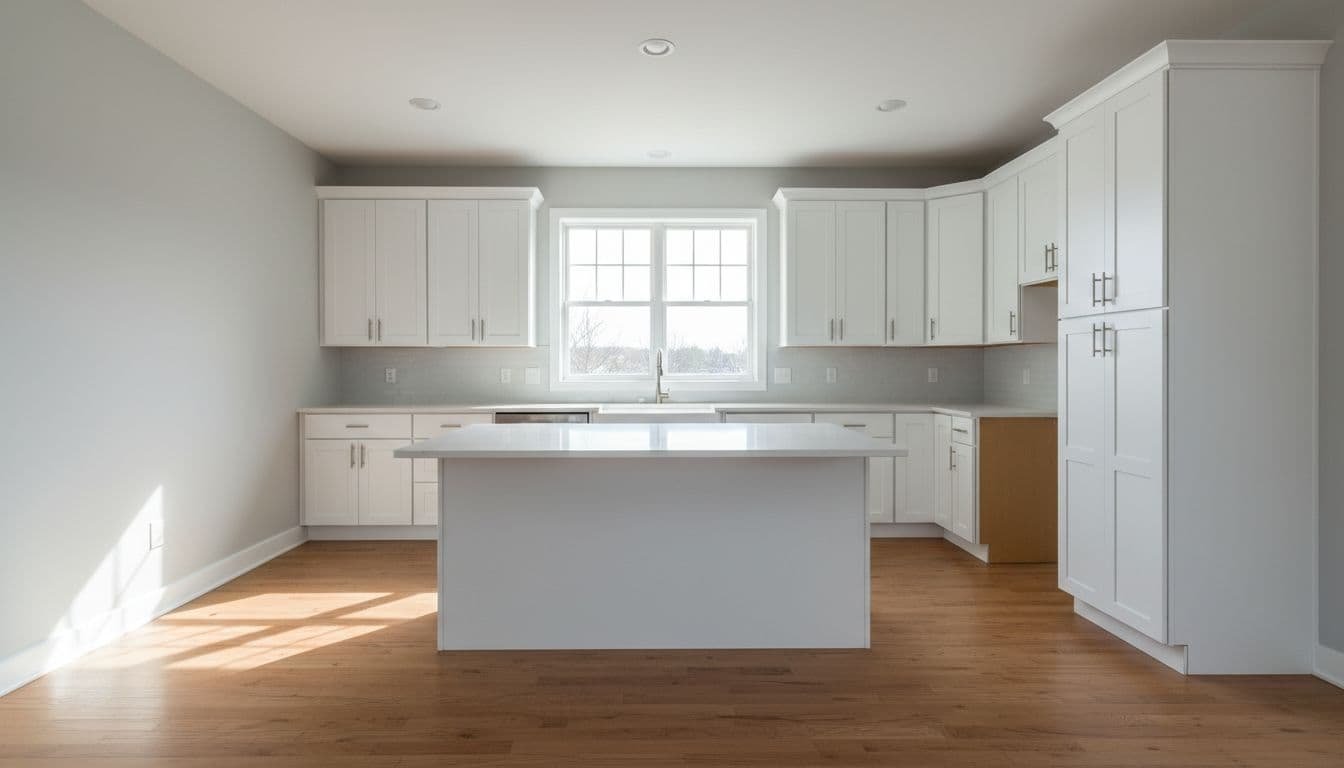 Modern kitchen with fresh white cabinets, light gray walls, hardwood floors, and natural light from window over sink.