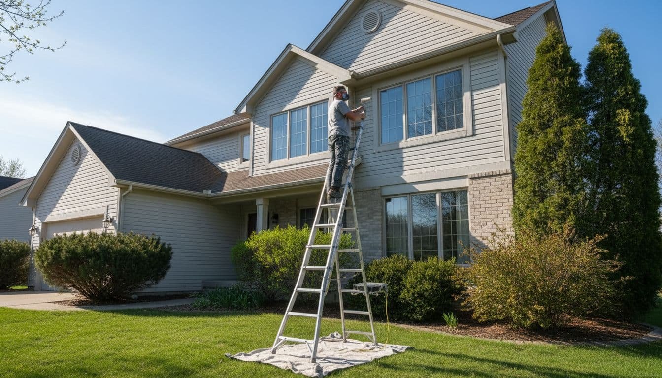 Professional painter on ladder paints siding of two-story suburban home with front yard grass and shrubs on clear spring day.