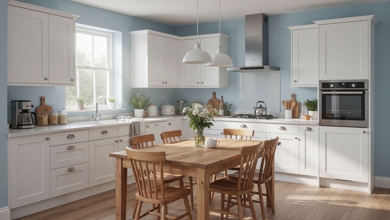 Interior House Painting Costs in Northeast Minneapolis for 2026 3 Bright kitchen with white cabinets, light blue walls, modern appliances, wooden table, and natural window light.