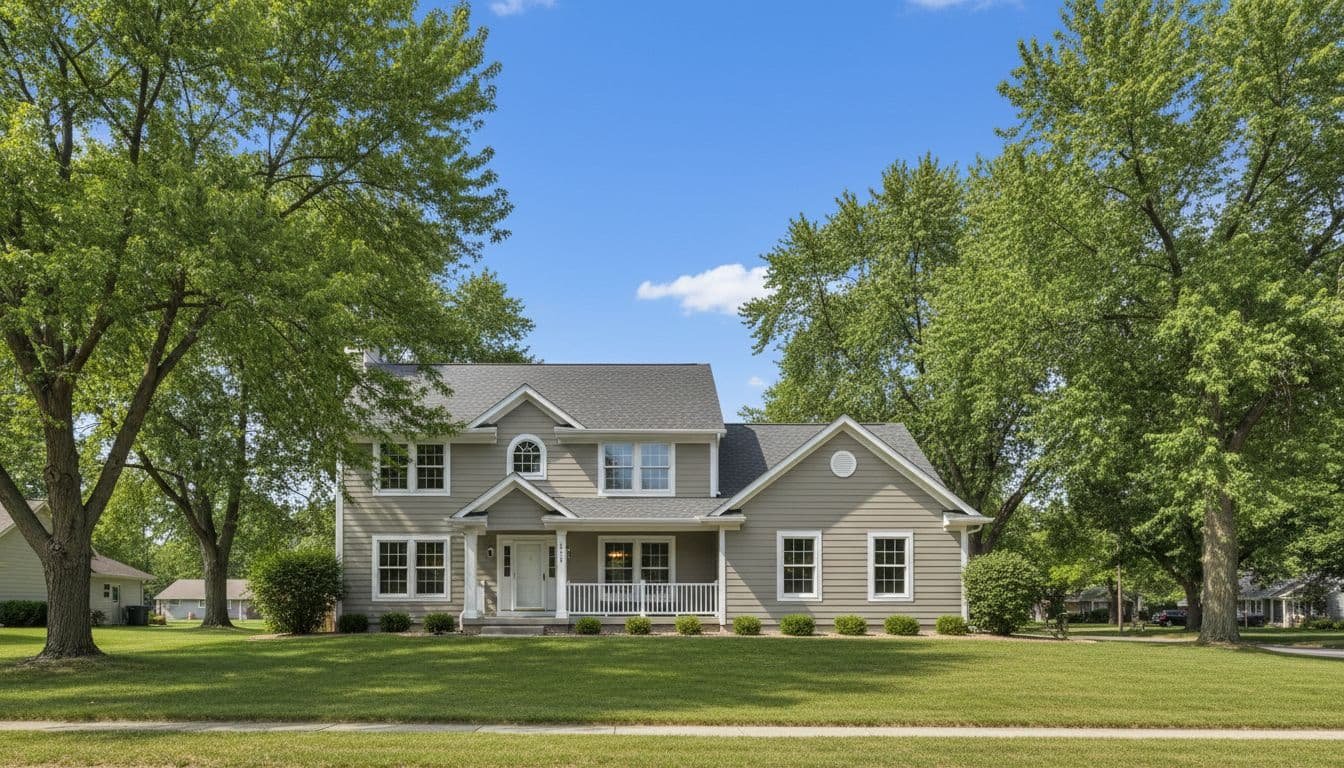 Two-story Minneapolis home with clean neutral siding, white trim, green lawn, trees, and blue summer sky.