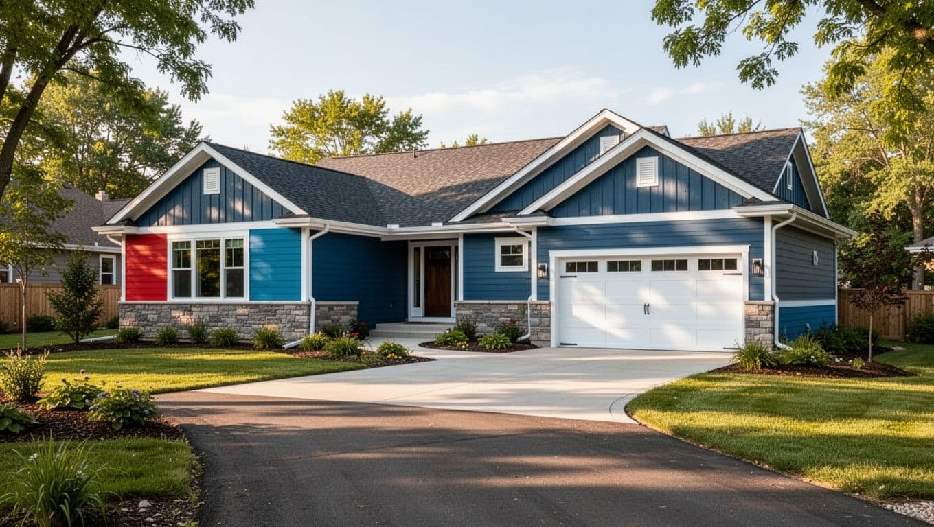 Modern ranch-style home exterior with vibrant siding, white trim, driveway, and landscaping in sunny afternoon light.