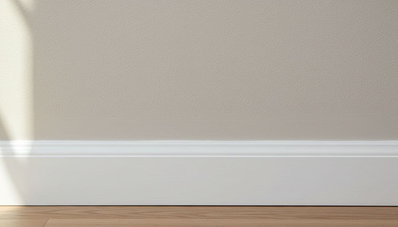 A close-up view of pristine white wooden baseboards installed against a neutral-colored interior wall.