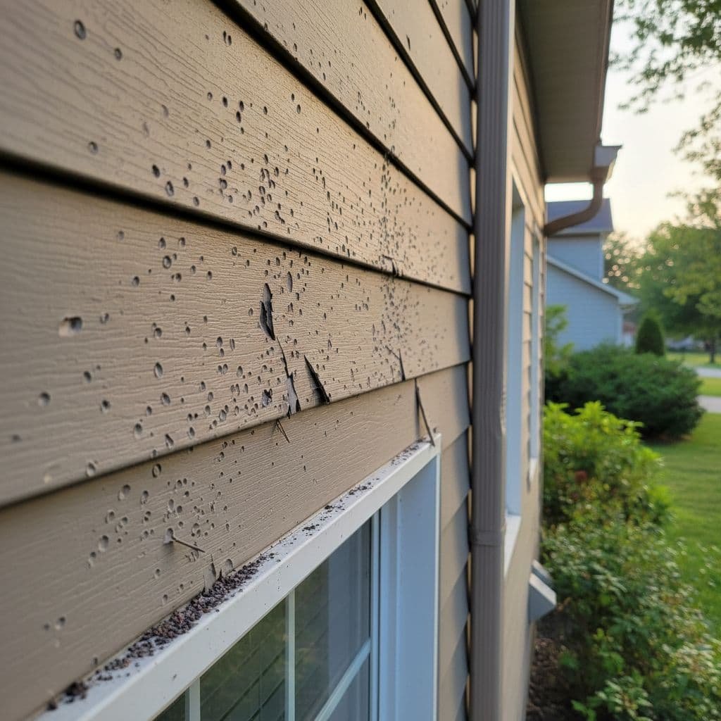 A close-up view of residential siding showing visible dents caused by a recent hailstorm.