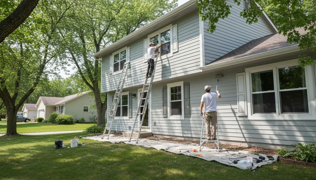 Two painters on ladders apply paint to light gray siding of a two-story suburban home in a leafy neighborhood.