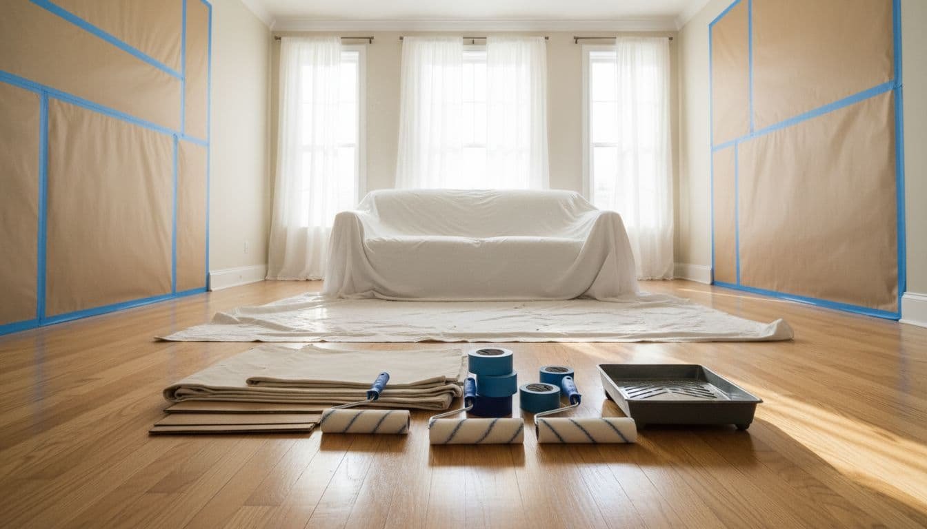 Paint rollers, tape, and drop cloths are neatly arranged on a hardwood floor before a painting project.