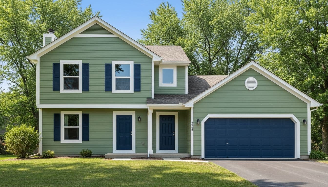 Two-story suburban home exterior shows clean vibrant paint on siding trim windows doors garage with green lawn and blue sky.