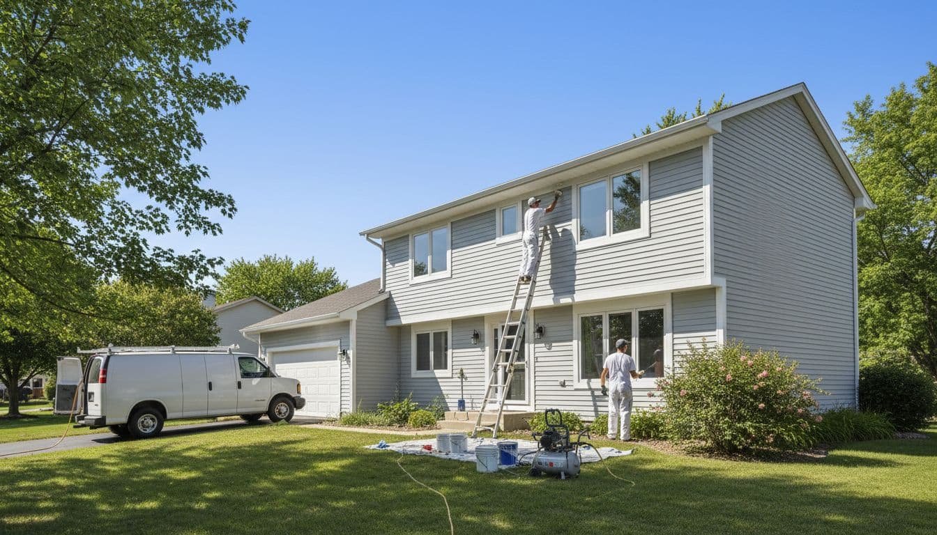 Two painters apply fresh exterior paint to a two-story suburban house siding and trim on a bright summer day.