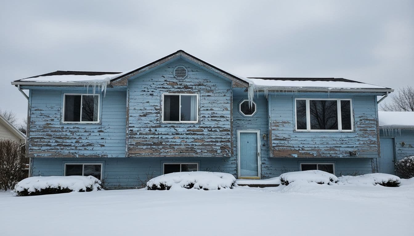 Suburban house exterior shows peeling paint on wood siding, cracked trim, ice dams on roof soffits, snow-covered yard, gray overcast sky.