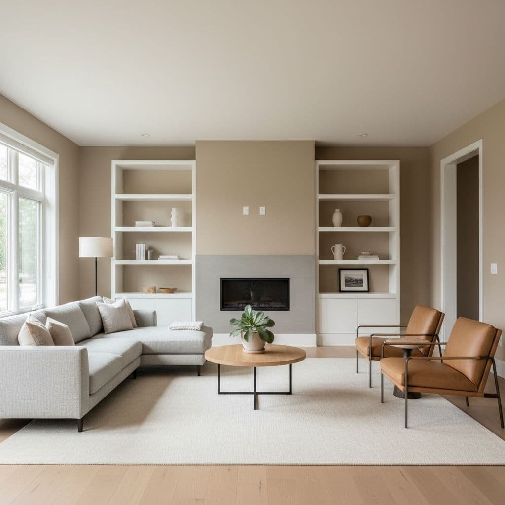 Brightly lit modern living room with freshly painted warm neutral walls and high-end furniture.