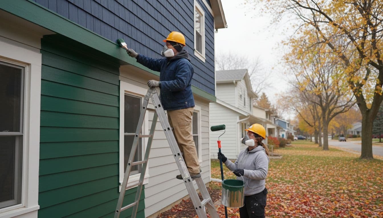 Two painters work on house siding; one brushes paint from ladder, the other holds can and roller amid fall leaves.