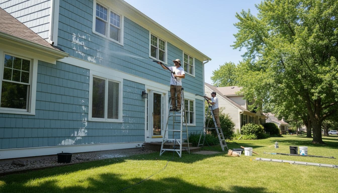 Two workers on ladders power wash siding and scrape loose paint from a suburban home on a sunny day.