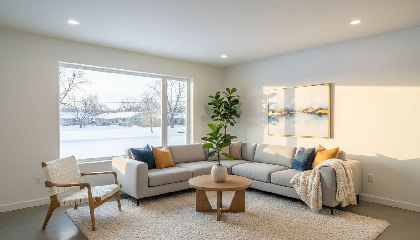 Empty modern living room with soft white walls, cozy sofa, armchair, coffee table, plant, and snowy yard window view.