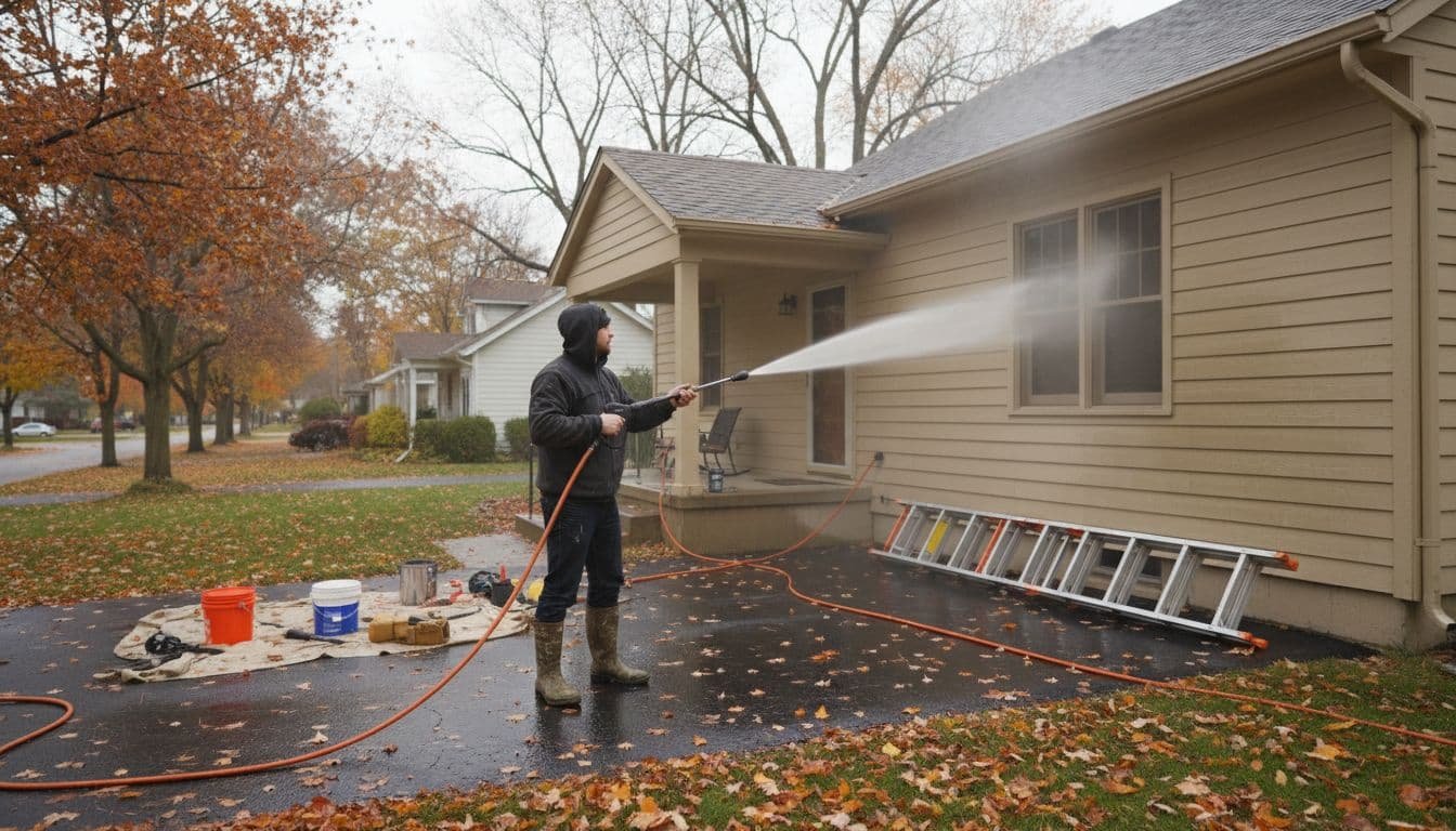 Painter power washes wood siding of suburban Minneapolis home on cloudy autumn day with fallen leaves.