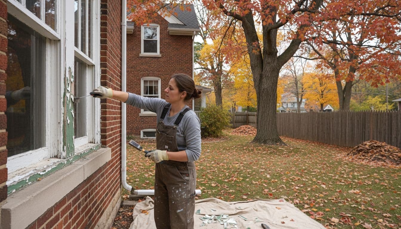 Painter scrapes old paint from wood window frame on Minneapolis home exterior during fall with backyard leaves changing.
