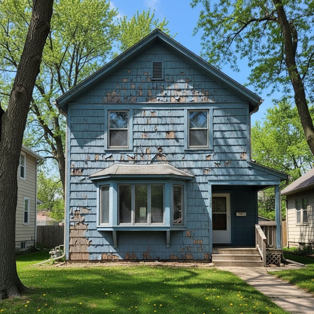 Suburban Minneapolis house shows peeling paint on wood siding in bright daylight.