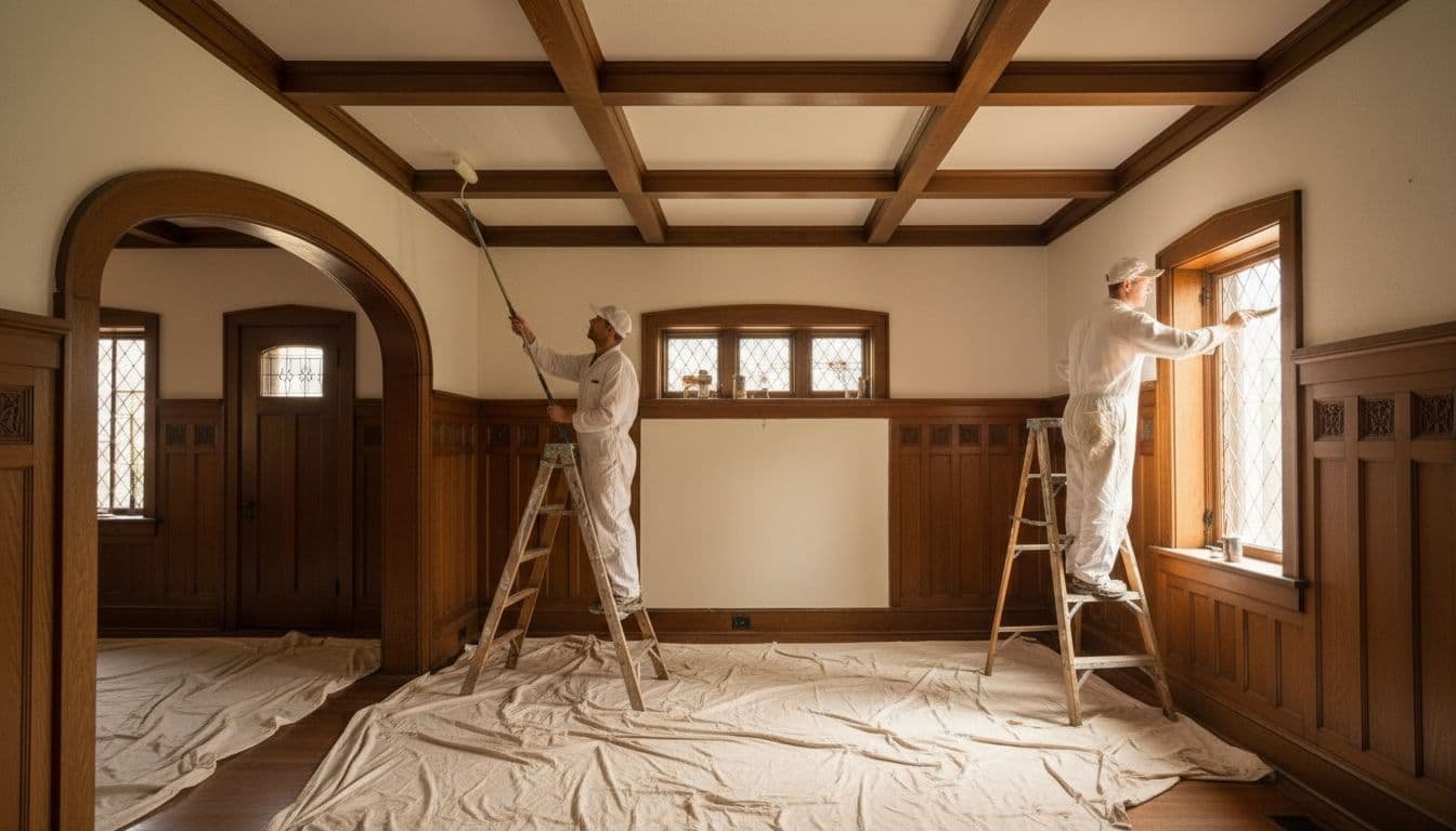 Two painters on ladders apply paint to plaster walls and beamed ceiling in Tudor room.