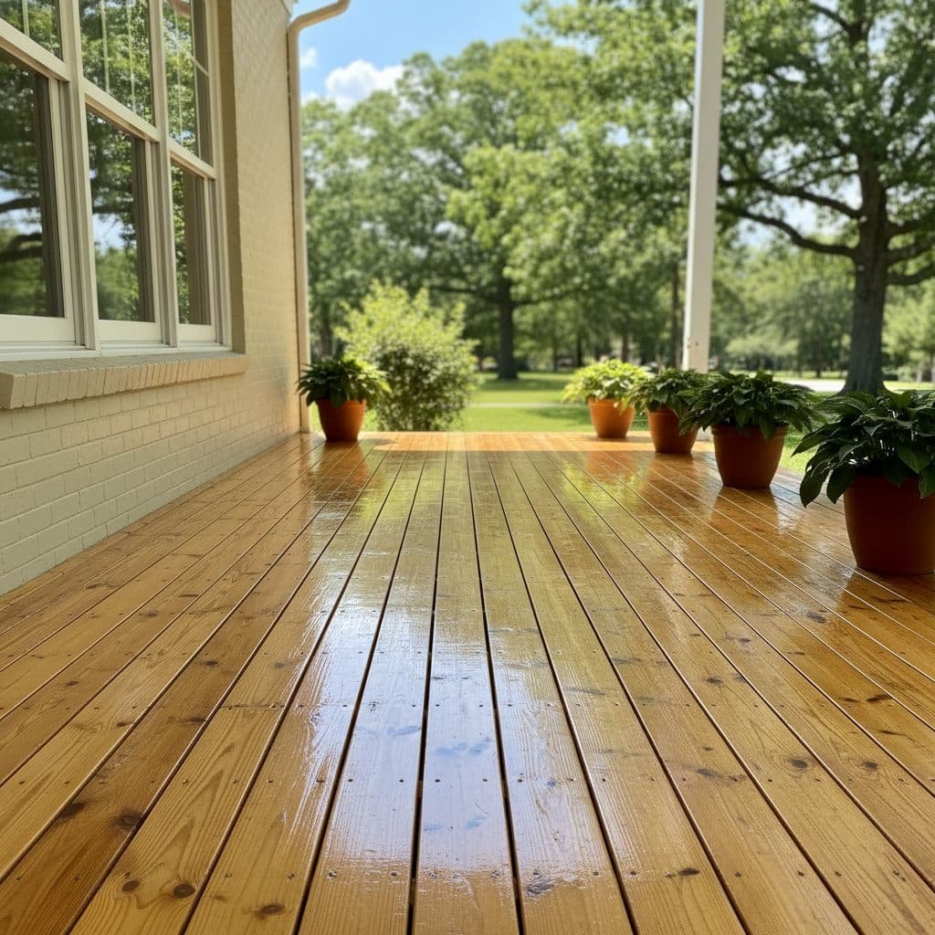 Clean wooden floor on front porch of classic Minneapolis home in summer sunlight.