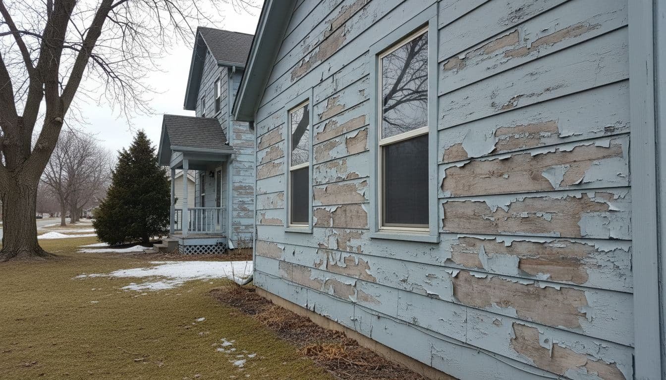 Two-story suburban house with peeling, faded wood siding showing cracks and blisters, yard with light snow patches.