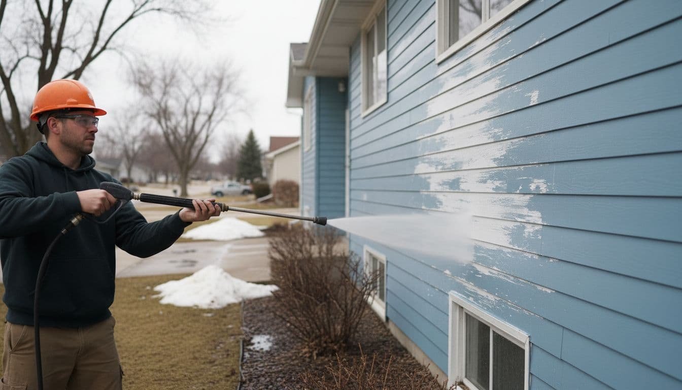 Worker power washes suburban house siding under overcast spring sky with melting snow patches.