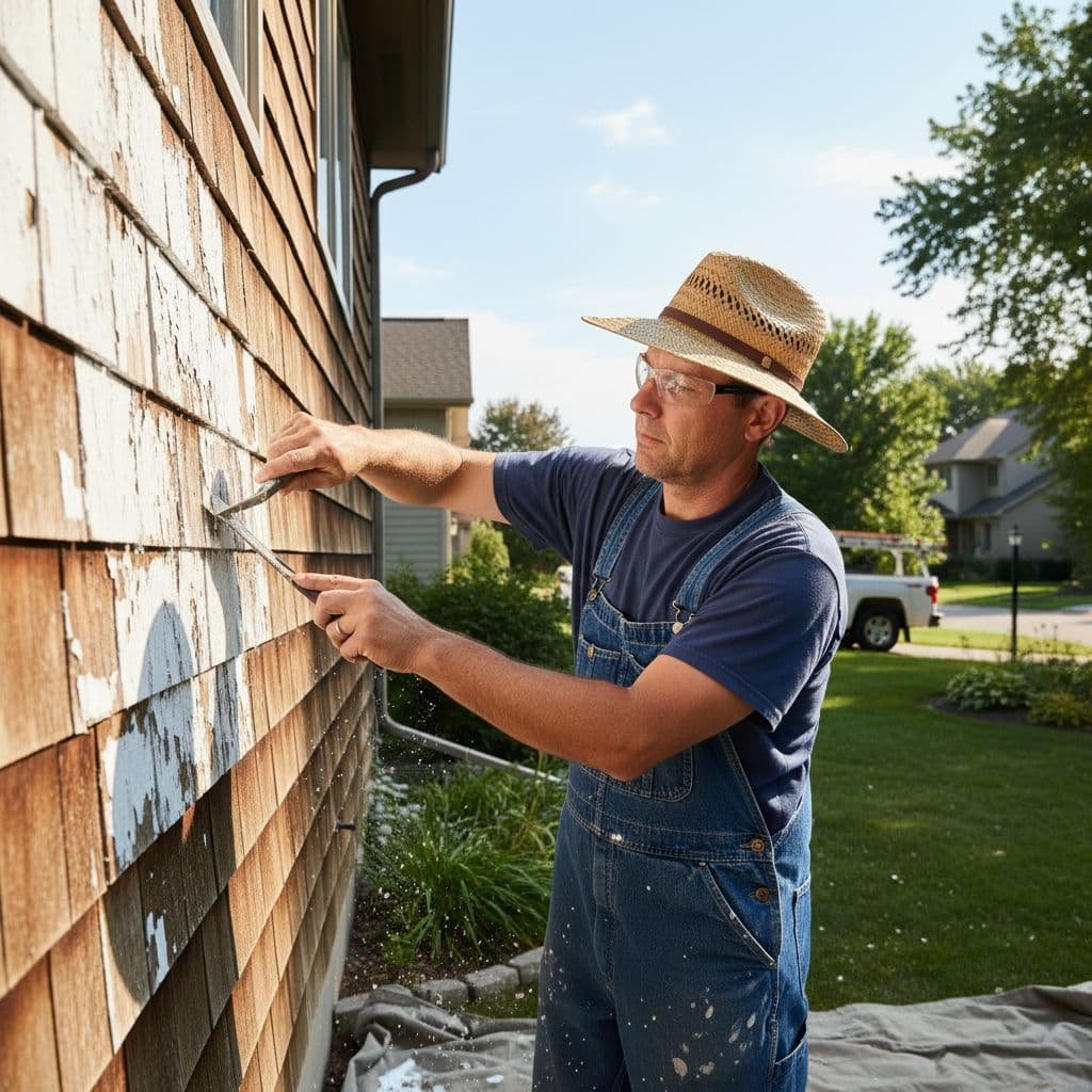 Painter scrapes old paint from wooden house exterior in sunny Minnesota suburb.