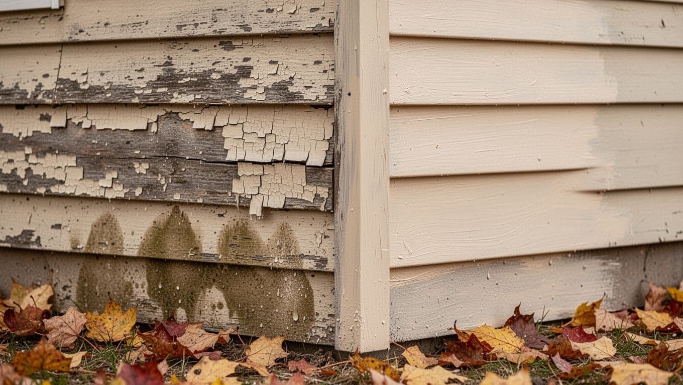 Cracked peeling paint on wooden siding from freeze-thaw next to smooth prepped surface amid fall leaves.