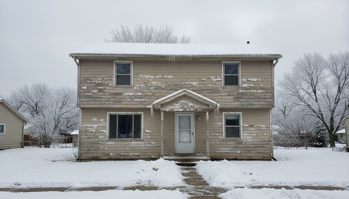 Two-story suburban home with beige siding showing peeling, chalking, and fading paint amid snow-covered yard under overcast sky.