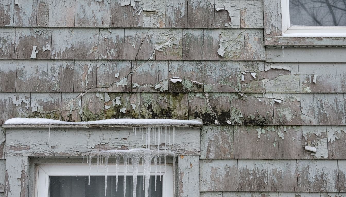 Close-up of house siding with peeling paint, freeze-thaw cracks, icicles, and frost.