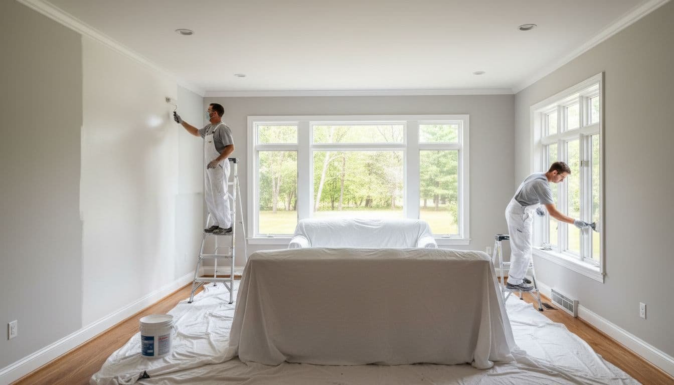 Two painters on ladders apply paint to walls and trim in a bright modern living room with covered furniture.