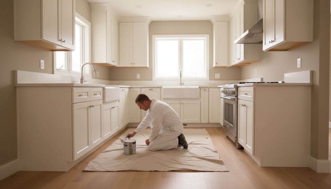 Painter brushes trim in modern kitchen with freshly painted neutral cabinets, walls, and drop cloths on floor.