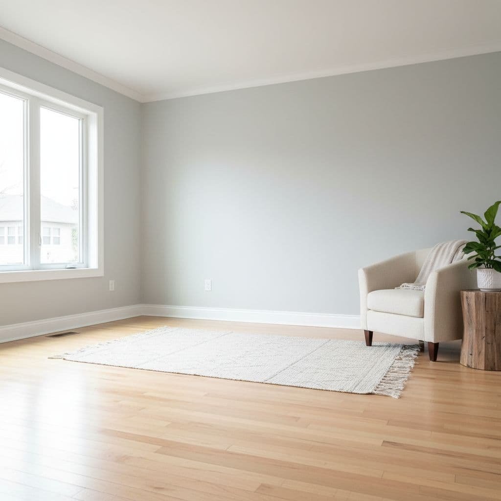 Minneapolis Room Painting Cost in 2026: What Homeowners Should Expect 2 A bright living room features light grey walls, white trim, and natural wood flooring.