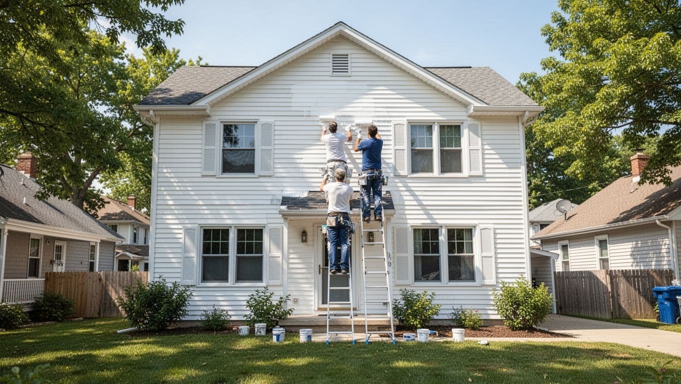 Two painters on ladder apply fresh exterior paint to two-story suburban home siding under blue summer sky.