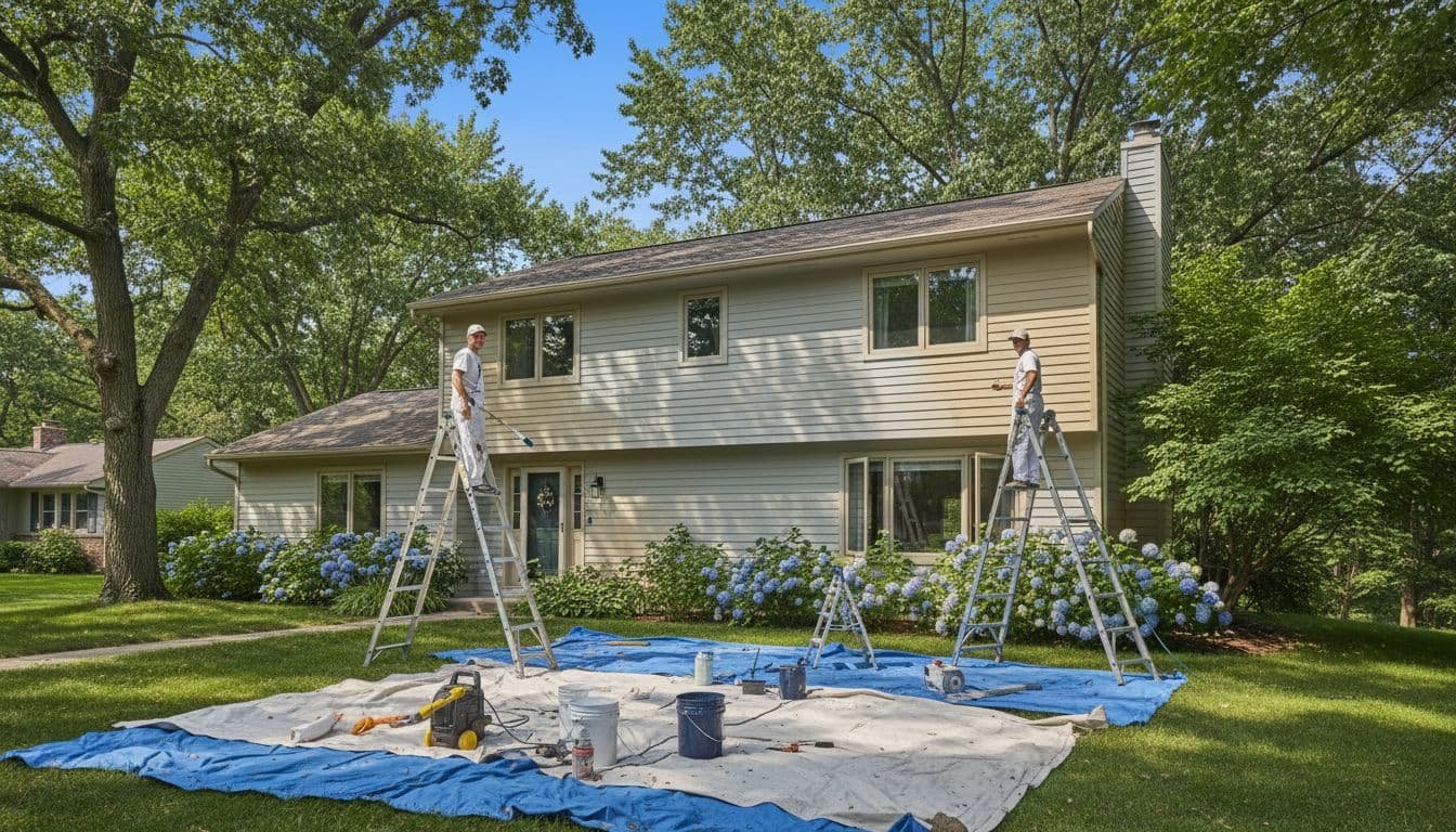 Two professional painters on ladders apply beige paint to two-story house siding in leafy North Oaks suburb, tools on lawn, clear blue sky.