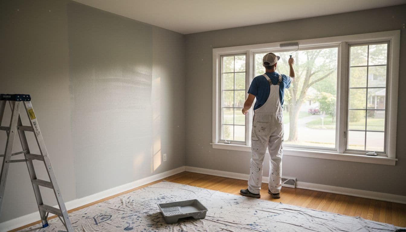 Interior House Painting Costs in Northeast Minneapolis for 2026 2 Professional painter applies roller to light gray walls in bright living room with wooden floors, large window, drop cloths, paint tray, and ladder.