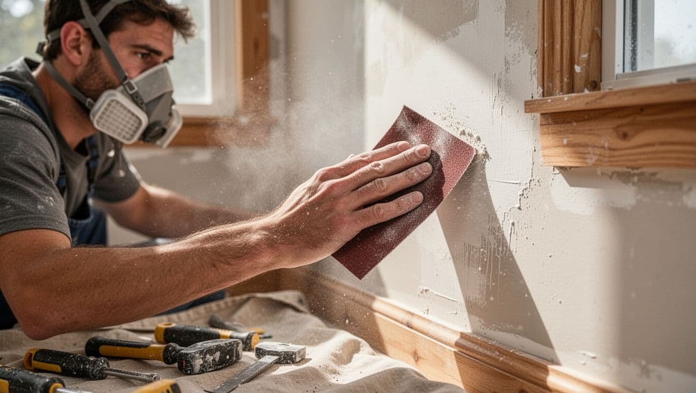 Worker in dust mask sands wall patch, tools on drop cloth, wooden trim and window light nearby.