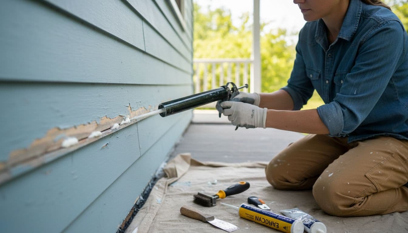 Close-up of a painter caulking cracks in wood siding on a house, tools nearby on a summer day.