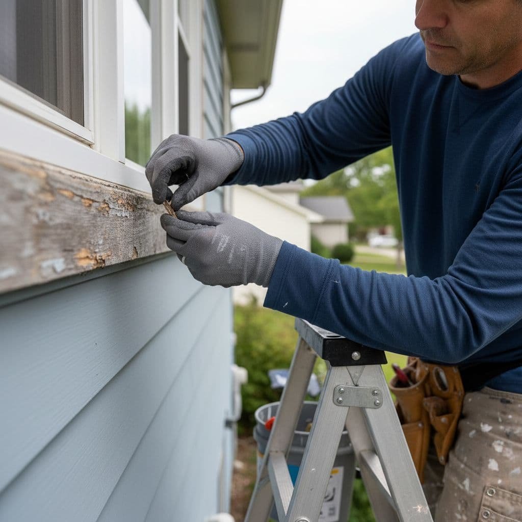 A focused painter wearing work clothes stands on a tall ladder to examine weathered wooden trim on a suburban home. He touches the damaged gray section before beginning the painting process.