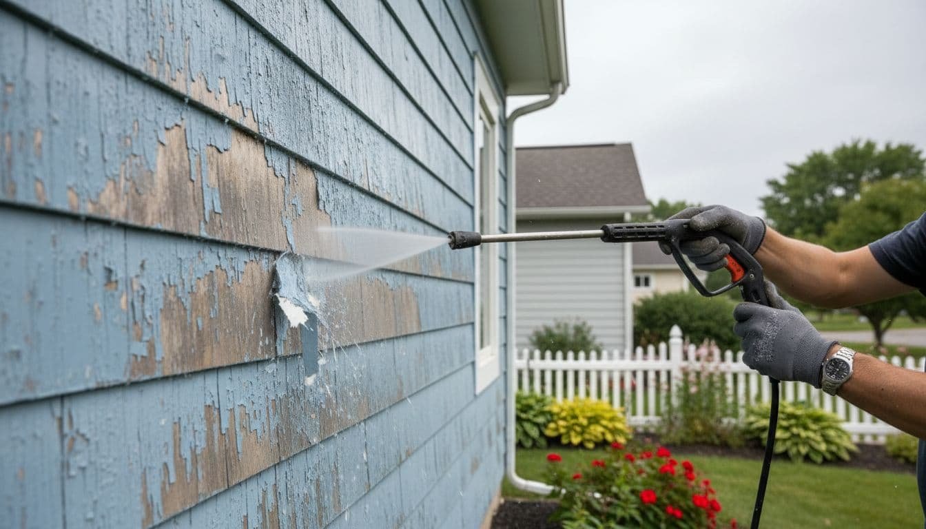 Painter power washes and scrapes old paint from suburban house exterior with garden background and overcast sky.