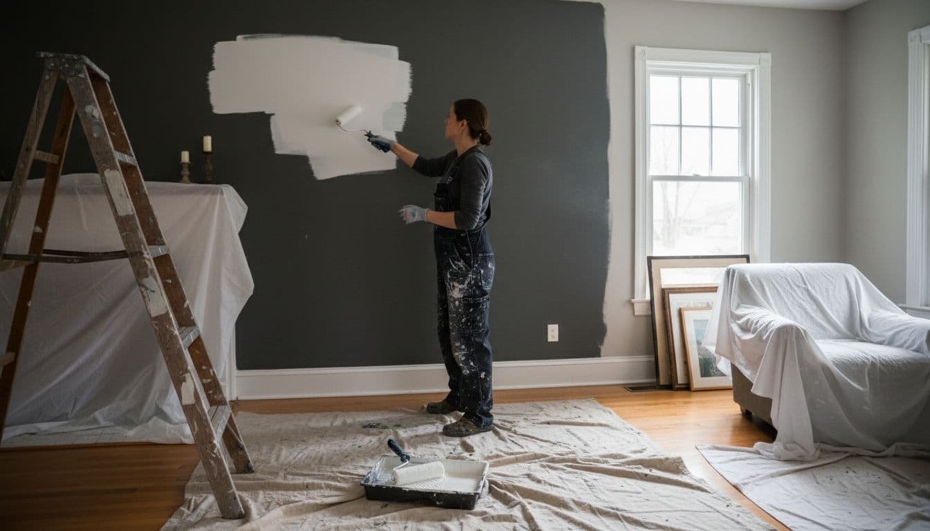 Professional painter in work clothes applies white primer over dark charcoal gray wall in cozy living room, ladder and drop cloths nearby.