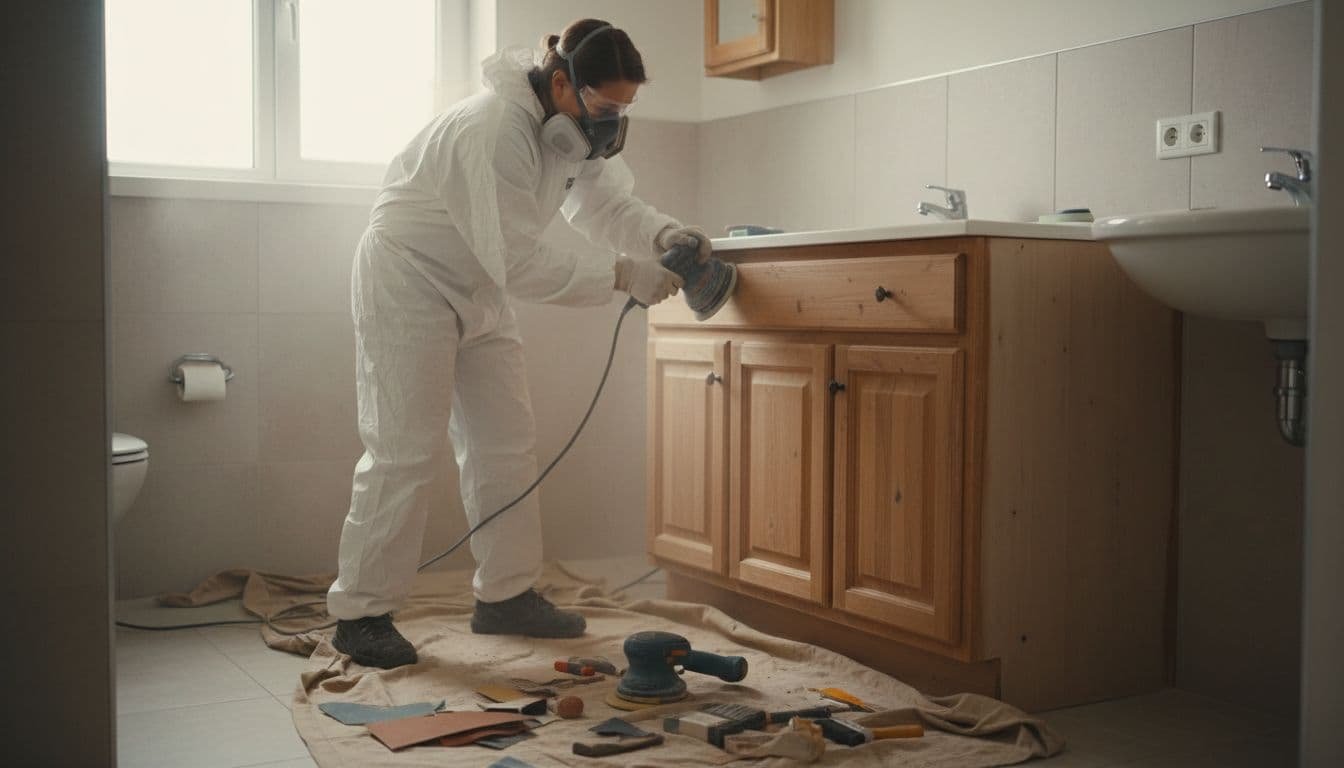 Painter in protective gear sands bathroom vanity cabinet in home bathroom with tools on drop cloth nearby.