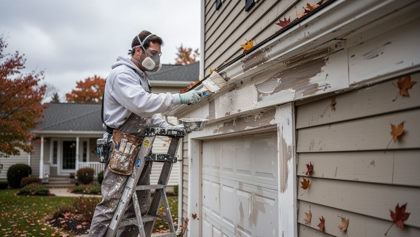 Professional painter on ladder scrapes old paint from exterior home trim under overcast autumn sky.