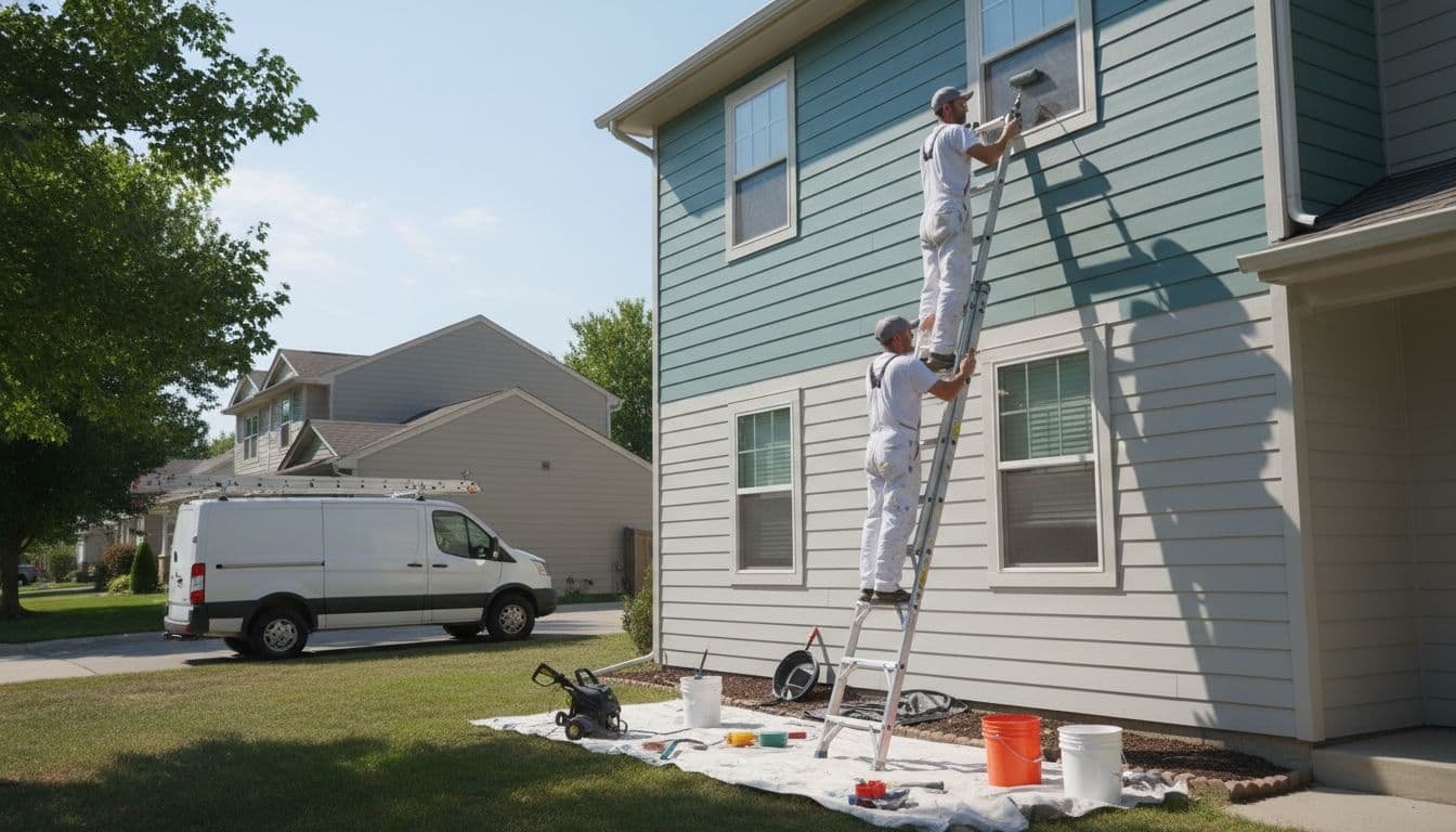 Two painters on ladders apply fresh paint to a two-story suburban home's siding on a sunny day.