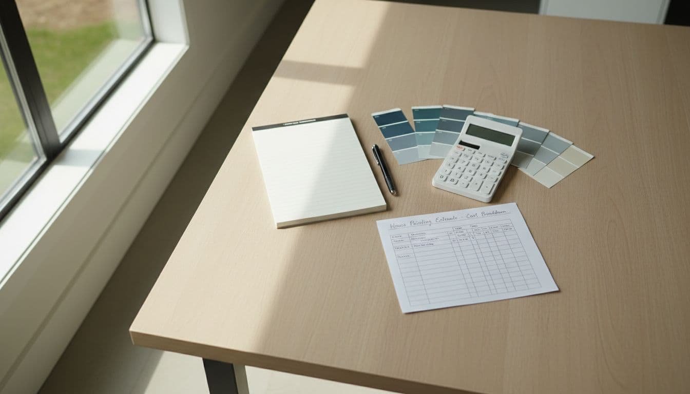 Top-down view of clean modern kitchen table with notepad, calculator, paint swatches, and cost breakdown notes in soft natural light.