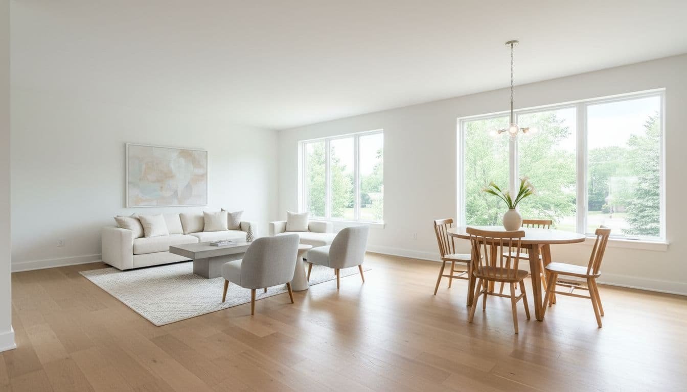 Sunlit open-concept living and dining room with white walls, neutral furniture, hardwood floors, and large windows.