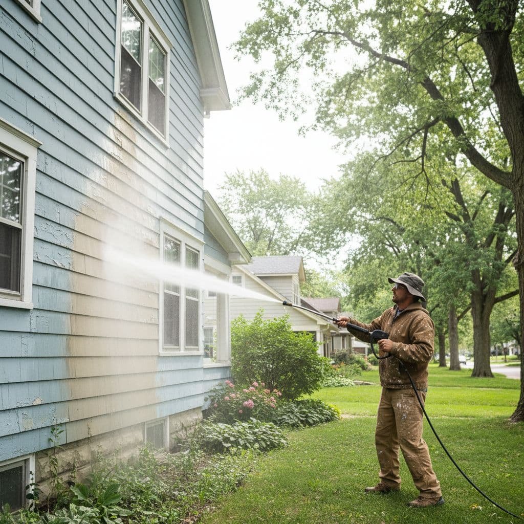 Worker in work clothes uses pressure washer on classic house's wood siding in suburban neighborhood.