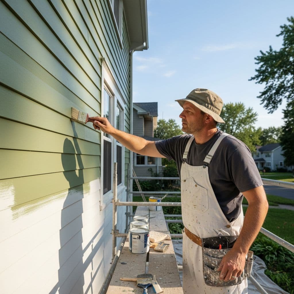 A skilled painter carefully applies a fresh coat of paint to classic suburban house siding.